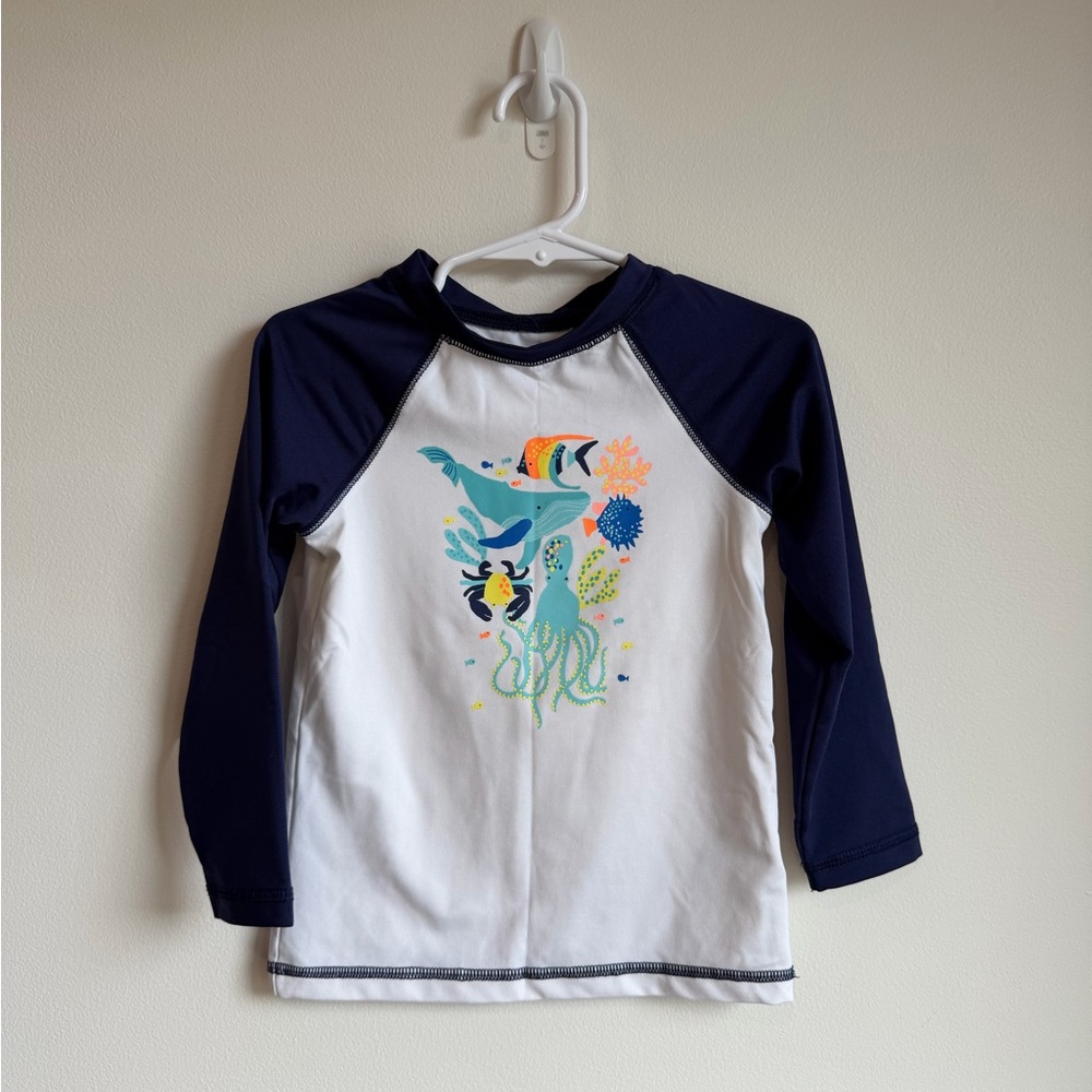 Cat & Jack New Without Tags Navy and White Kids Swim Rashguard with Ocean Print